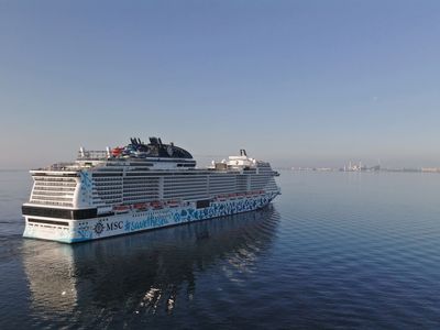 MSC Euribia showcasing its sleek design and vibrant colors against a clear blue sky
