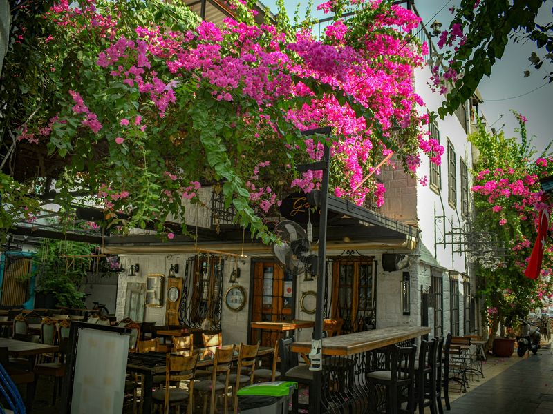 A street scene in Marmaris featuring tables and chairs outside a building adorned with vibrant pink flowers.